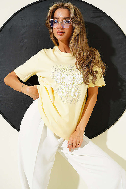 Kurdele Güpürlü T-shirt Sarı