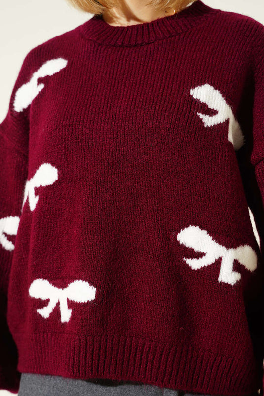 Strickpullover mit Bänderstickerei, Burgunderrot