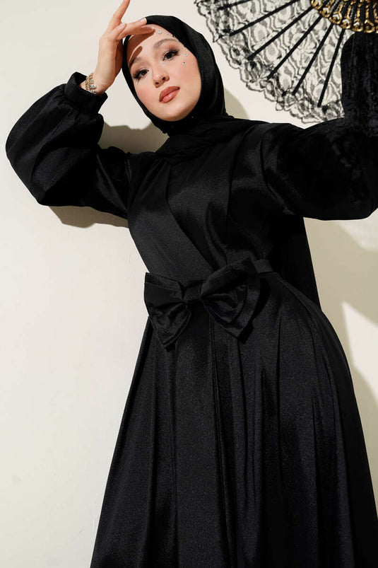 فستان سهرة أسود بحزام وشريط