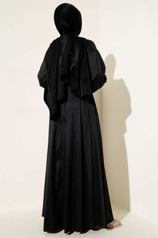 فستان سهرة أسود بحزام وشريط