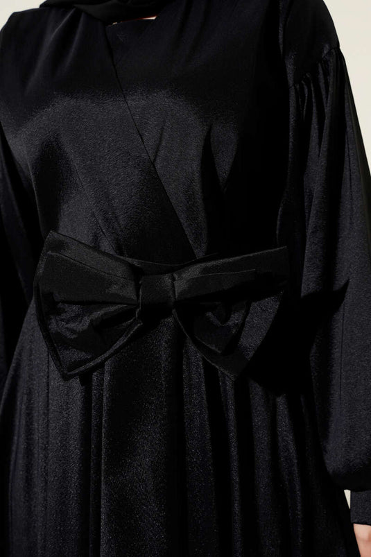 فستان سهرة أسود بحزام وشريط