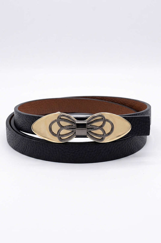 Thin Belt with Metal Buckle Ribbon Black