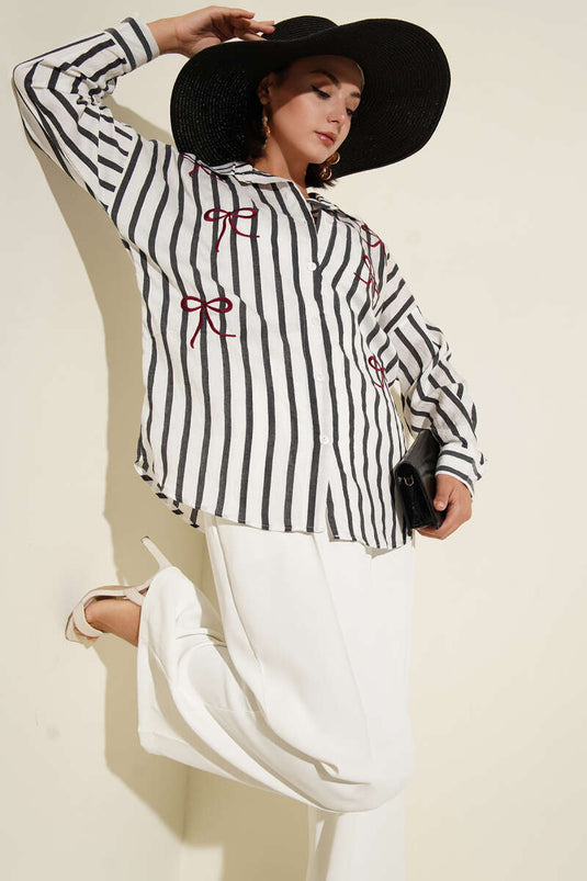 Chemise rayée brodée de rubans anthracite