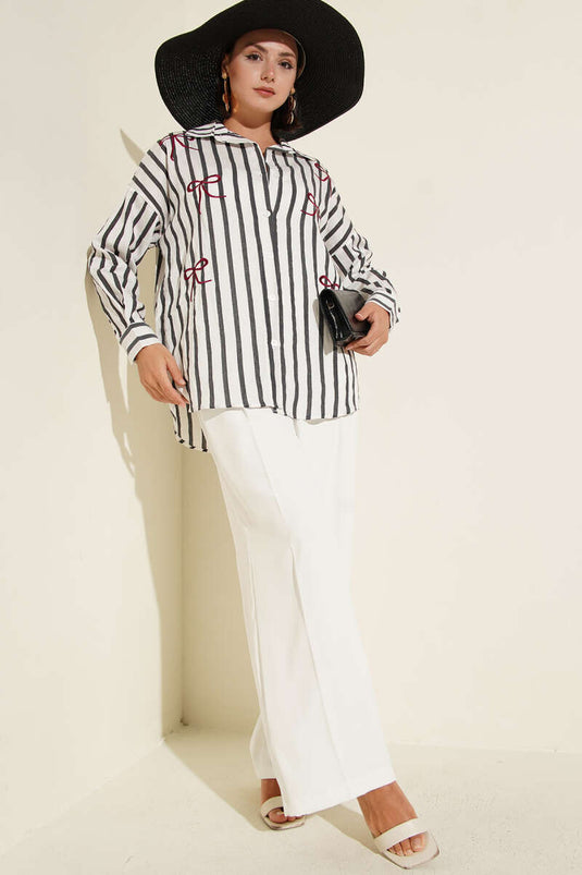 Chemise rayée brodée de rubans anthracite