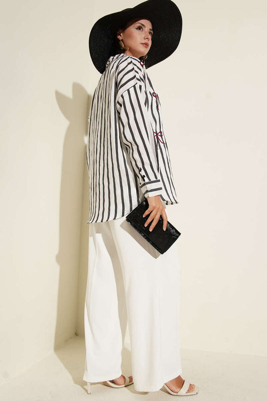 Chemise rayée brodée de rubans anthracite