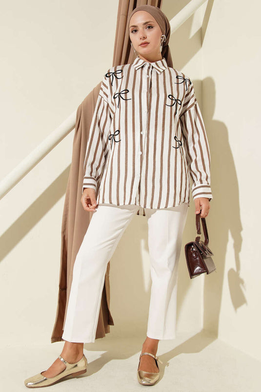Chemise rayée brodée de ruban marron