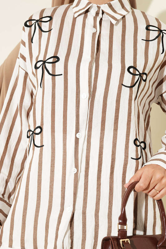 Chemise rayée brodée de ruban marron
