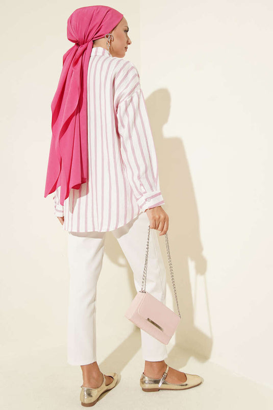 Camisa de rayas con bordado de cinta rosa