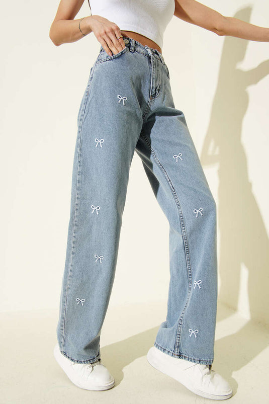 Kurdele Nakışlı Palazzo Kot Pantolon Açık Mavi