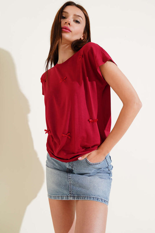 Lint versierd T-shirt bordeauxrood