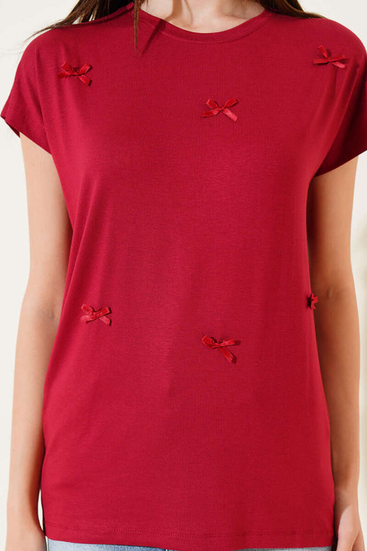 Lint versierd T-shirt bordeauxrood