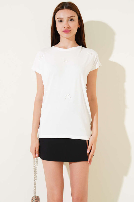 T-shirt met lintversiering ecru