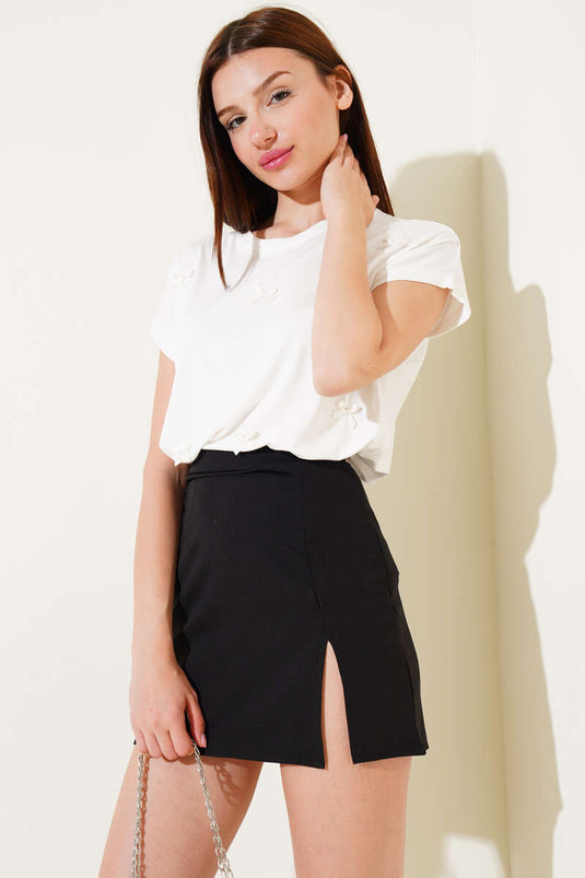 T-shirt met lintversiering ecru