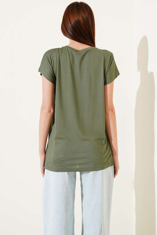 T-shirt met lintversiering, kaki