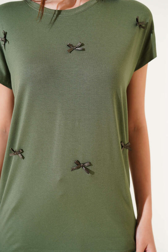 T-shirt met lintversiering, kaki