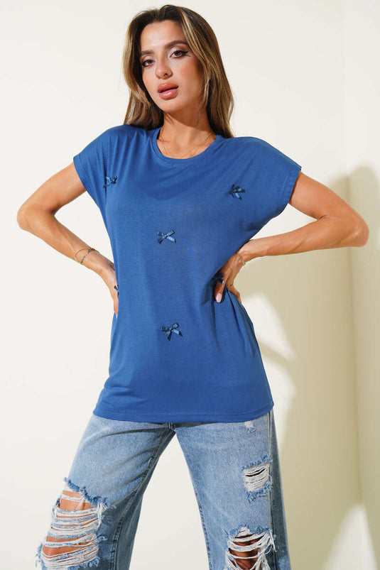 تي شيرت مزين بشريط، لون نيلي