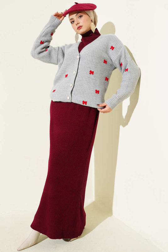 كارديجان محبوك مزين بشريط، رمادي