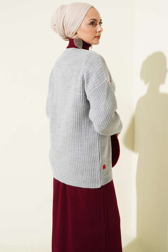 كارديجان محبوك مزين بشريط، رمادي