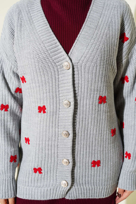 كارديجان محبوك مزين بشريط، رمادي