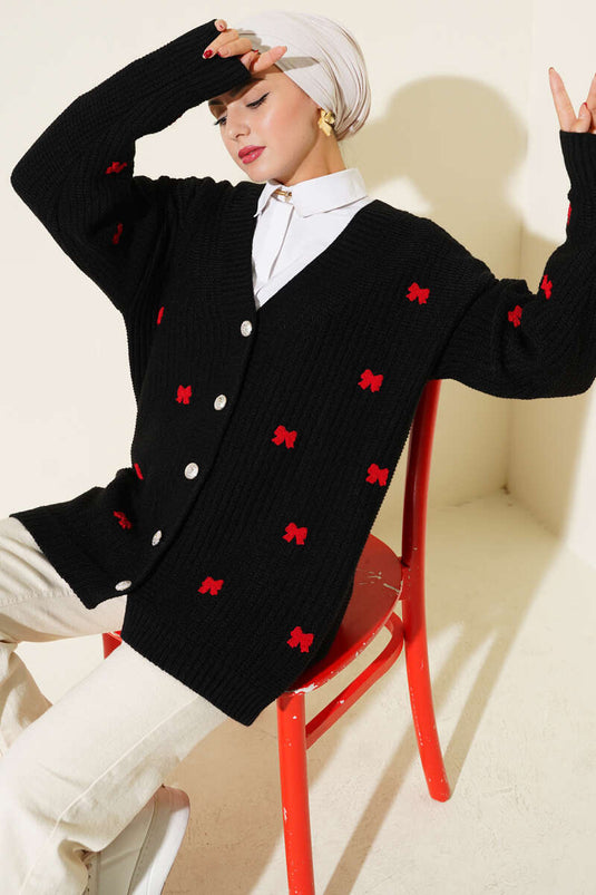 Kurdele Süslemeli Triko Hırka Siyah