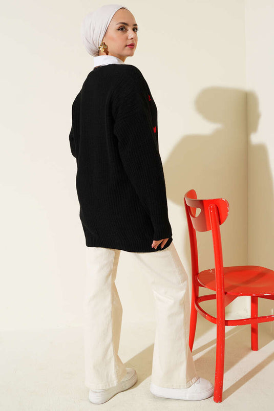 Kurdele Süslemeli Triko Hırka Siyah