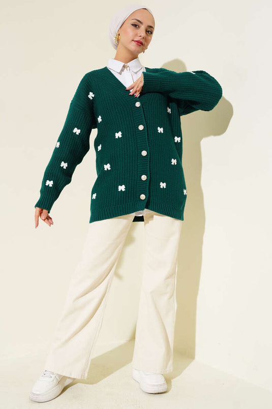كارديجان محبوك مزين بشريط، أخضر زمردي
