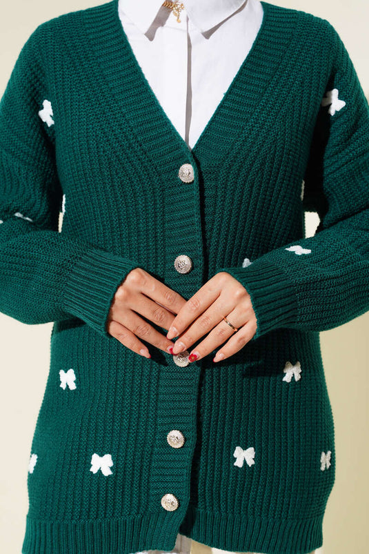 كارديجان محبوك مزين بشريط، أخضر زمردي