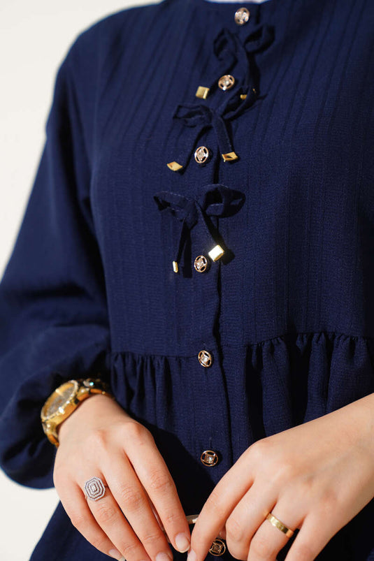 Kurdeleli Fırfır Detaylı Gömlek Lacivert