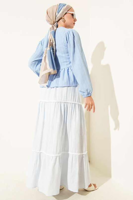 Camisa con detalle de lazo y volante, azul