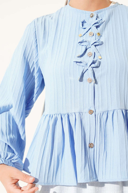 Camisa con detalle de lazo y volante, azul