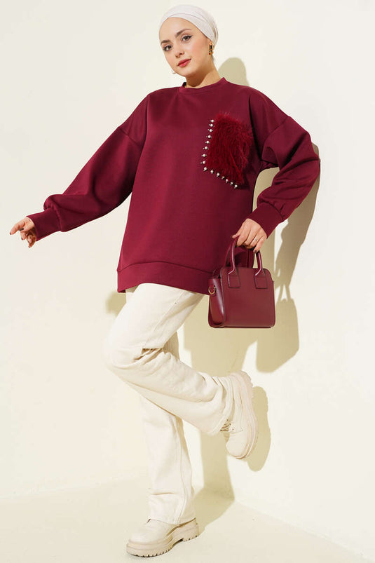 Scuba Tunic with Fur Pockets, Burgundy