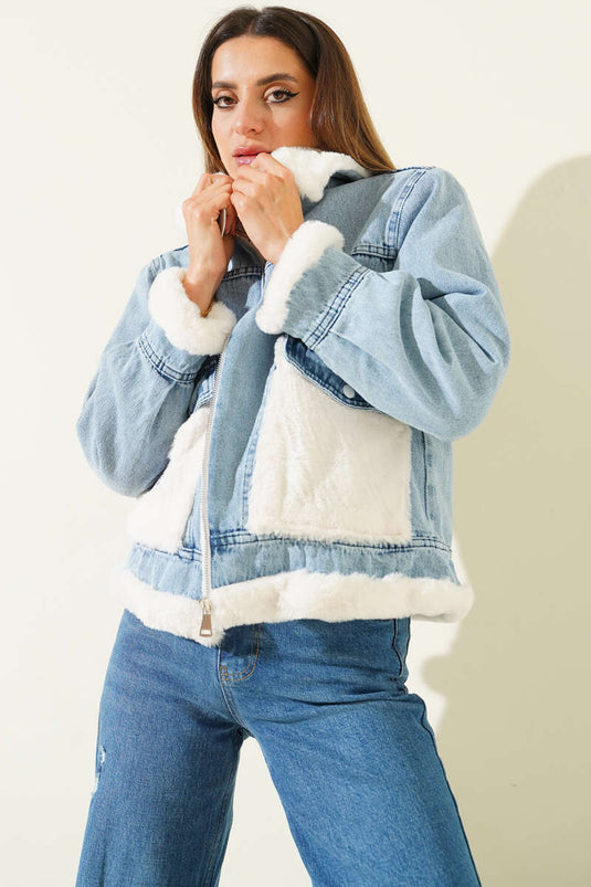 Fur-Detailed Jacket, Denim Blue