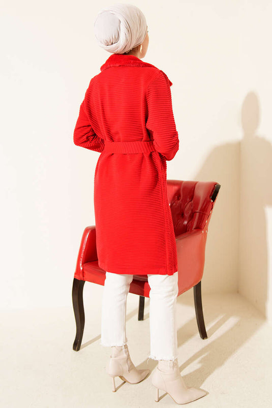 Fur Detailed Belted Knitted Cardigan Red