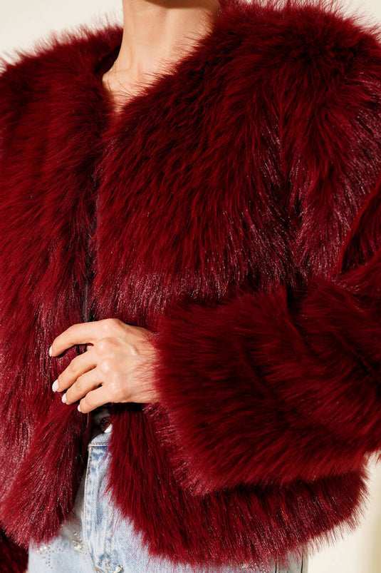 Kürk Detaylı Kısa Mont Bordo