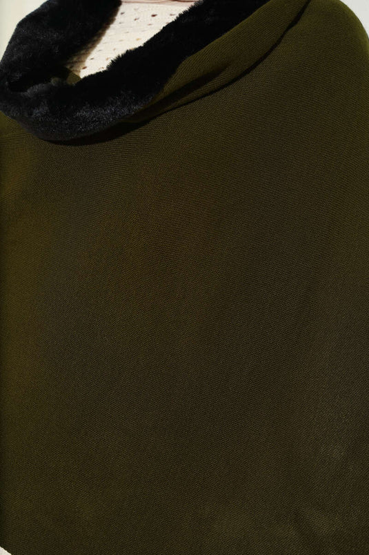 Kürk Detaylı Omuz Şalı Haki