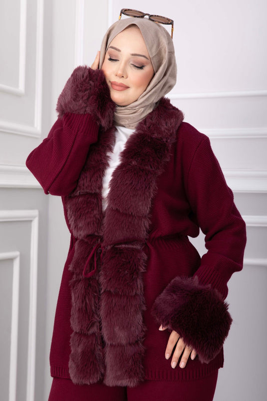 Kürk Garnili Lüks Triko Takım Bordo