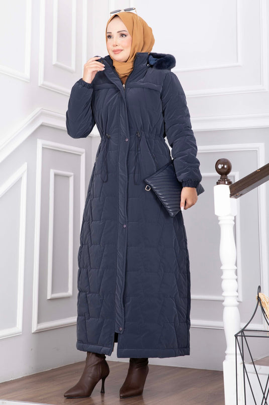 Lange Navy Imitatiebont Capuchon Met Rits