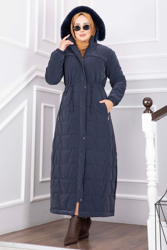 Lange Navy Imitatiebont Capuchon Met Rits