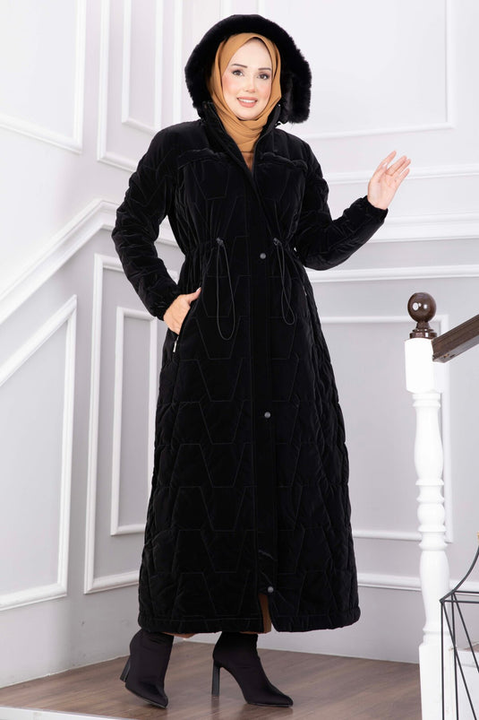 Manteau Nova Long À Capuche En Fourrure Synthétique Noire
