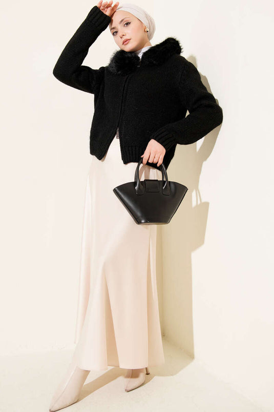 Short Knit Cardigan with Fur-Lined Hood and Zipper, Black