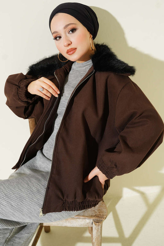 Fur Collar Zippered Gabardine Coat Dark Brown
