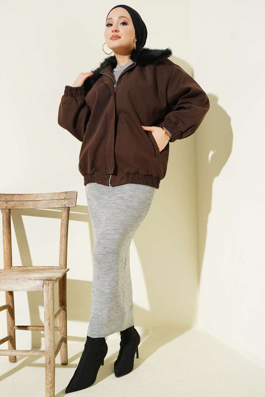 Fur Collar Zippered Gabardine Coat Dark Brown