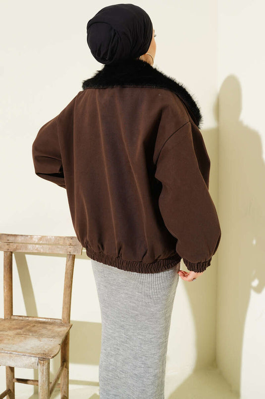 Fur Collar Zippered Gabardine Coat Dark Brown