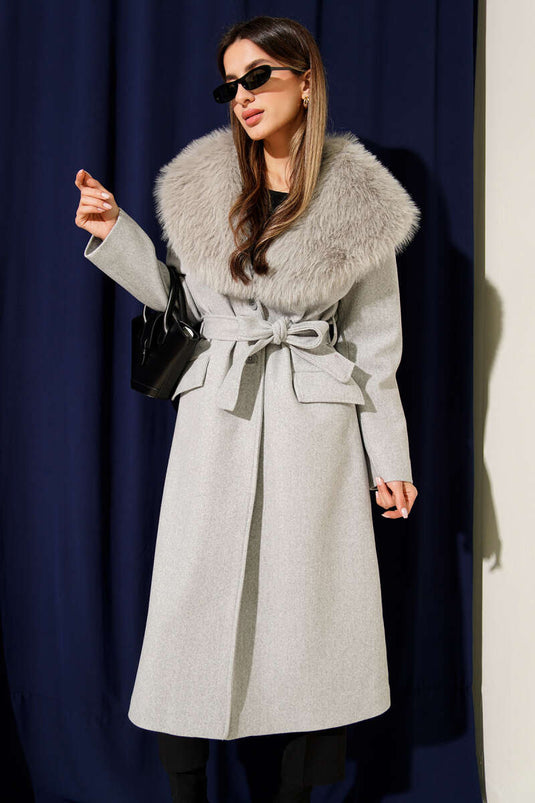 Kürk Yaka Kuşaklı Kaşe Kaban Gri