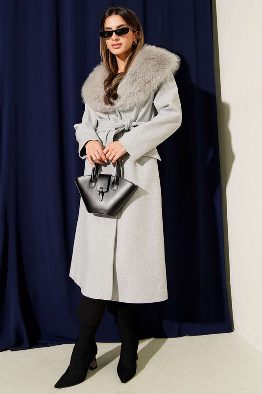 Kürk Yaka Kuşaklı Kaşe Kaban Gri