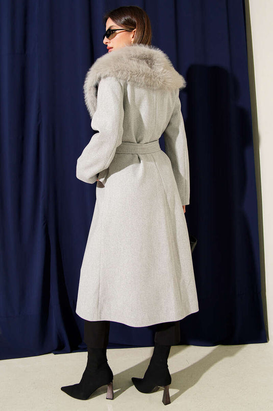 Kürk Yaka Kuşaklı Kaşe Kaban Gri