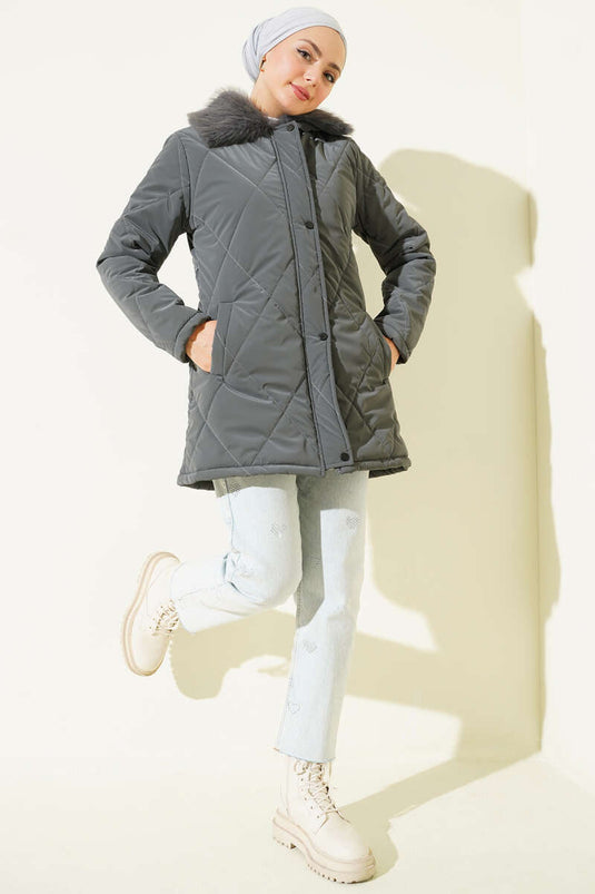 Kürk Yakalı Fermuarlı Kapitone Mont Füme