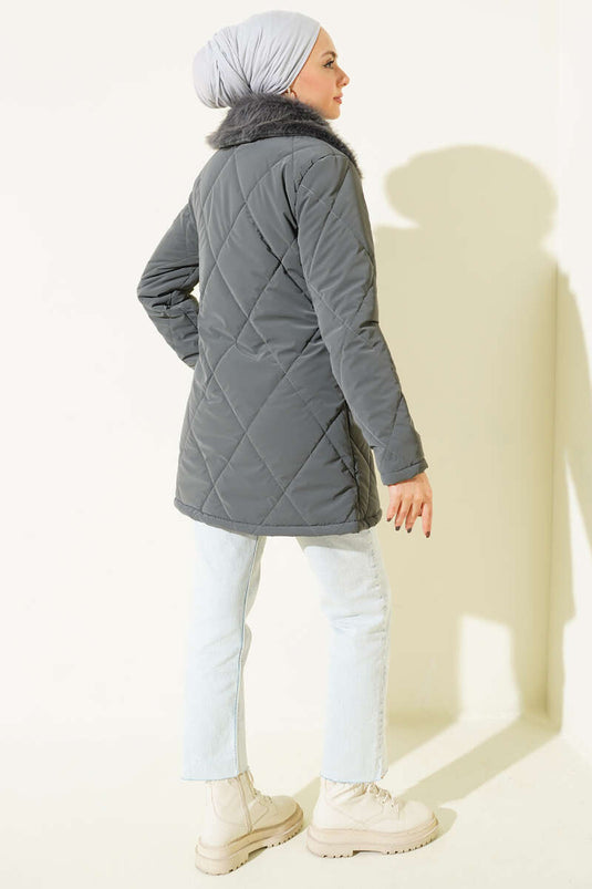 Kürk Yakalı Fermuarlı Kapitone Mont Füme