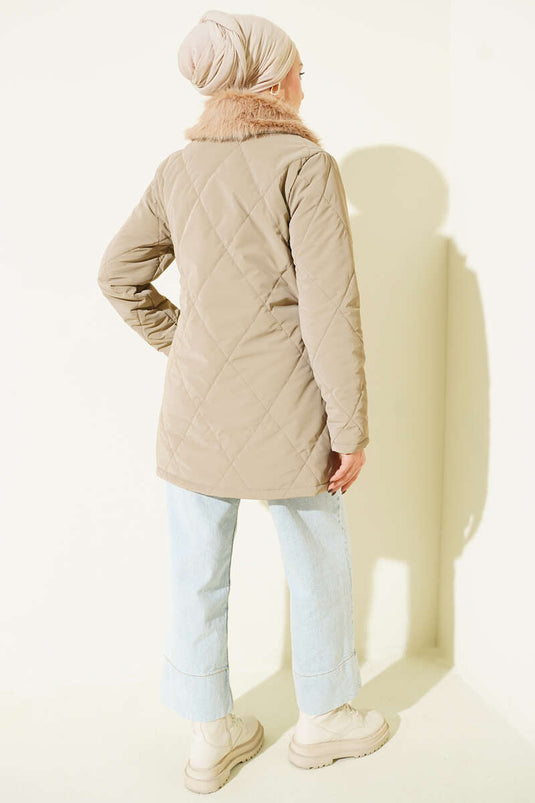 Kürk Yakalı Fermuarlı Kapitone Mont Vizon