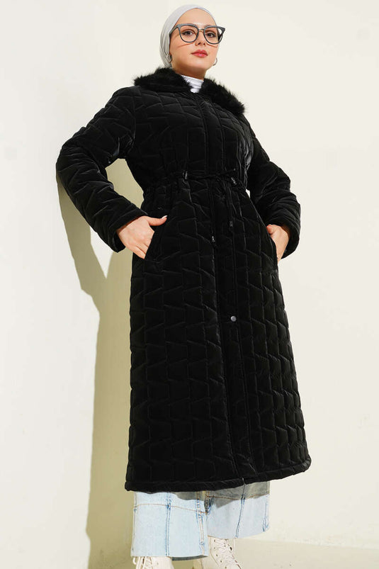 Manteau matelassé long à fermeture éclair avec col en fourrure noire